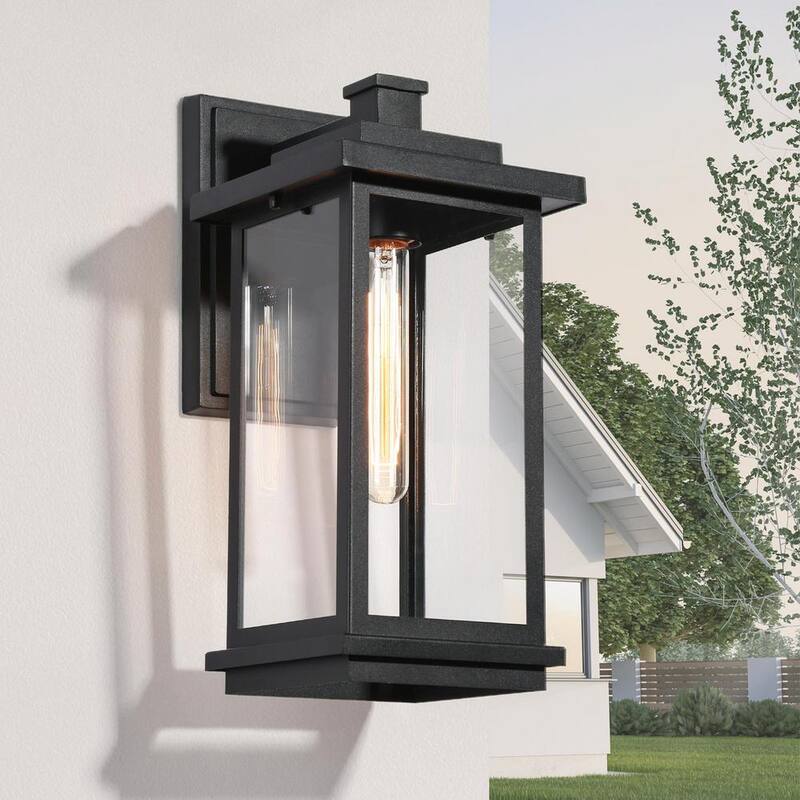 Luminaria de pared exterior moderna LNC de 1 luz en negro mate con pantalla de vidrio transparente para casa de alberca, luz de pared del frente - MJZF2EHD1156W68
