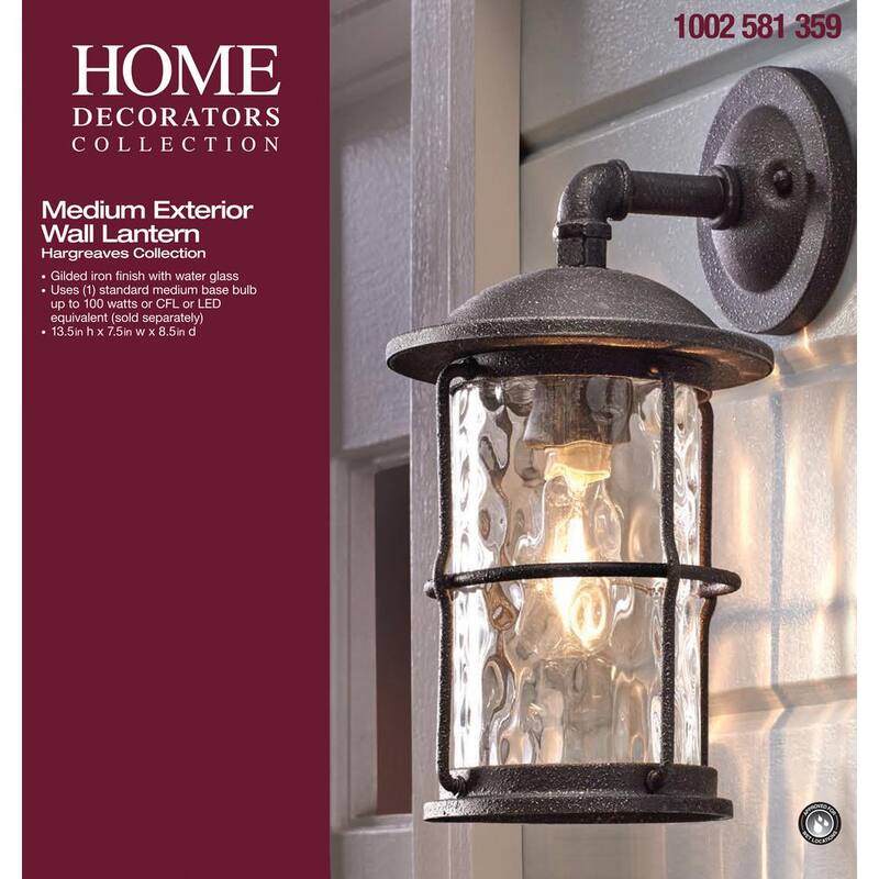 Colección de decoradores para el hogar Hargreaves 13.5 in. 1-Light Gilded Iron Rustic Farmhouse Hardwired Outdoor Wall Light Lantern Sconce con vidrio con semillas - 7956HDCGIDI