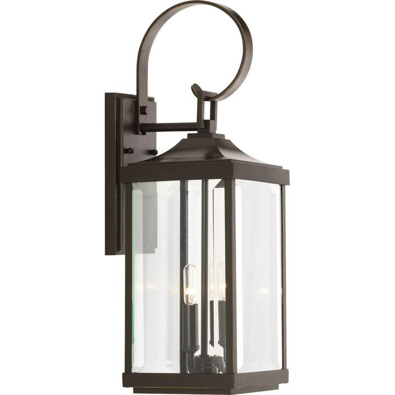 Lámpara de pared mediana para exteriores Gibbes Street de Progress Lighting, 7 pulgadas, 2 luces, acabado antiguo de bronce, cristal biselado claro, tradicional, nueva - P560022-020.