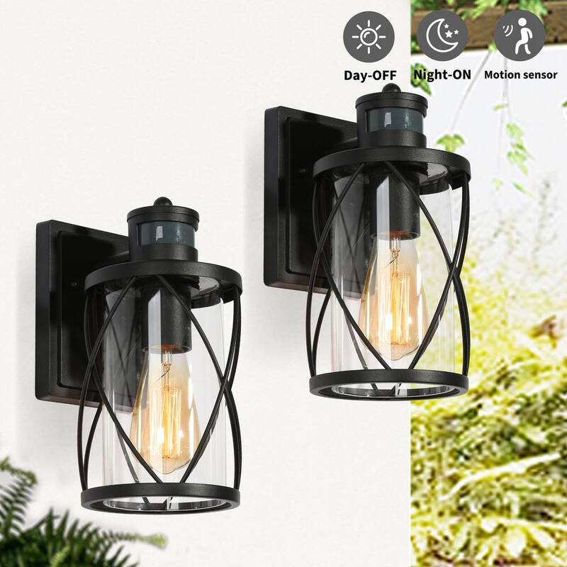 Luz de pared exterior moderna negra Uolfin TORA 1-Light con sensor de movimiento, aplique de pared tipo linterna con pantalla de vidrio transparente (paquete de 2) - 628L8JYJMYB746D