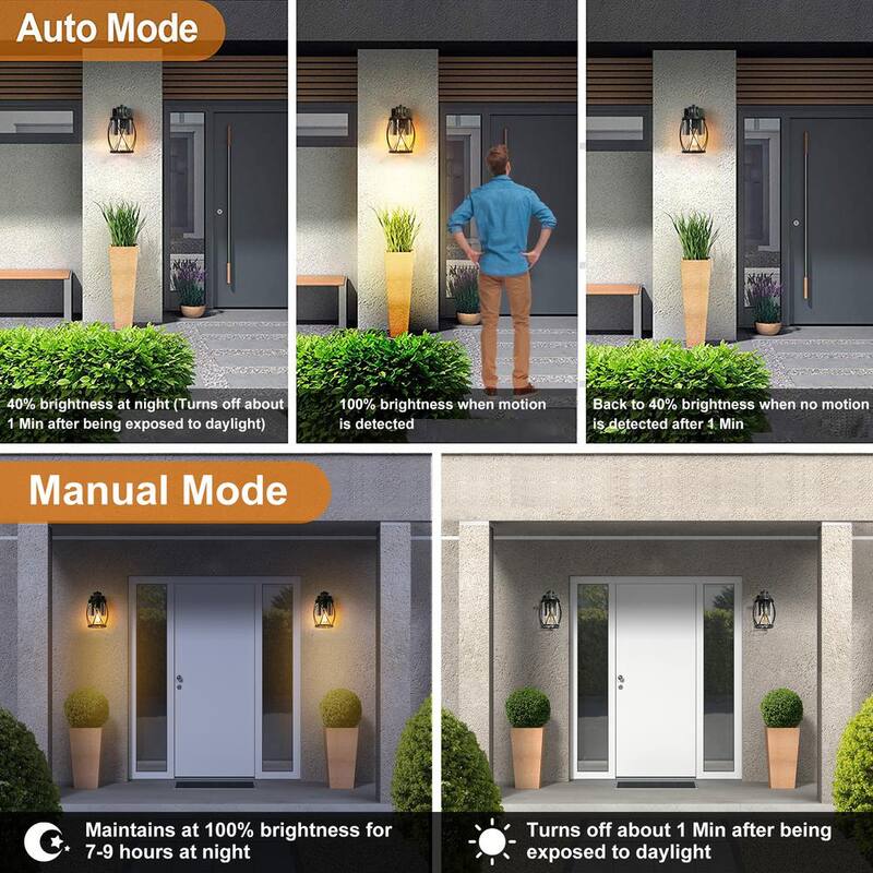 Luz de pared exterior moderna negra Uolfin TORA 1-Light con sensor de movimiento, aplique de pared tipo linterna con pantalla de vidrio transparente (paquete de 2) - 628L8JYJMYB746D