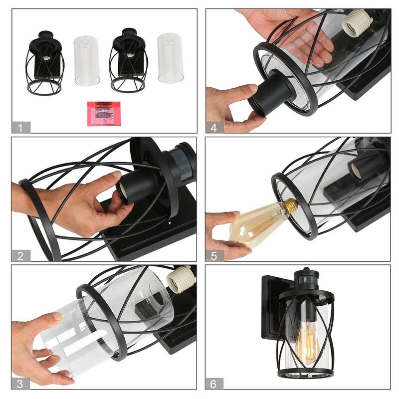 Luz de pared exterior moderna negra Uolfin TORA 1-Light con sensor de movimiento, aplique de pared tipo linterna con pantalla de vidrio transparente (paquete de 2) - 628L8JYJMYB746D