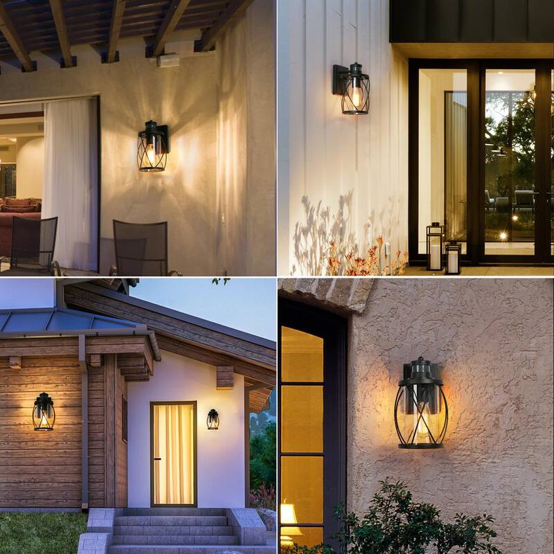 Luz de pared exterior moderna negra Uolfin TORA 1-Light con sensor de movimiento, aplique de pared tipo linterna con pantalla de vidrio transparente (paquete de 2) - 628L8JYJMYB746D