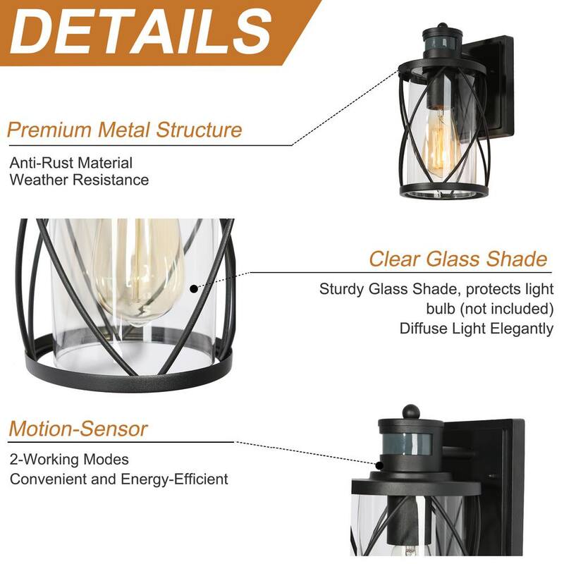 Luz de pared exterior moderna negra Uolfin TORA 1-Light con sensor de movimiento, aplique de pared tipo linterna con pantalla de vidrio transparente (paquete de 2) - 628L8JYJMYB746D