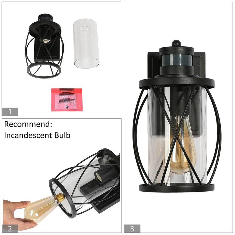 Luz de pared exterior moderna negra Uolfin TORA 1-Light con sensor de movimiento, aplique de pared tipo linterna con pantalla de vidrio transparente (paquete de 2) - 628L8JYJMYB746D