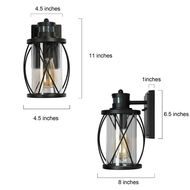 Luz de pared exterior moderna negra Uolfin TORA 1-Light con sensor de movimiento, aplique de pared tipo linterna con pantalla de vidrio transparente (paquete de 2) - 628L8JYJMYB746D