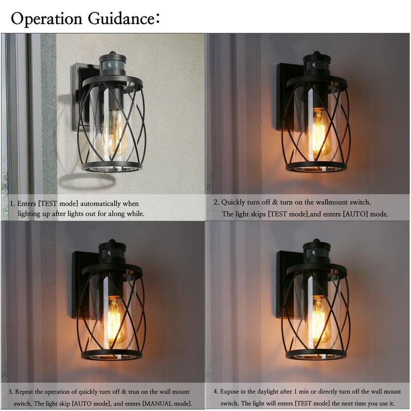 Luz de pared exterior moderna negra Uolfin TORA 1-Light con sensor de movimiento, aplique de pared tipo linterna con pantalla de vidrio transparente (paquete de 2) - 628L8JYJMYB746D