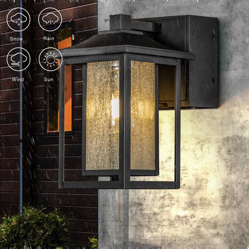 ALOA DECOR 1 Lámpara de Pared Exterior con Sensor de Anochecer a Amanecer en Negro Mate, Apliques de Vidrio Sembrado y Tomas de Corriente GFCI Incorporadas - H7087W06A