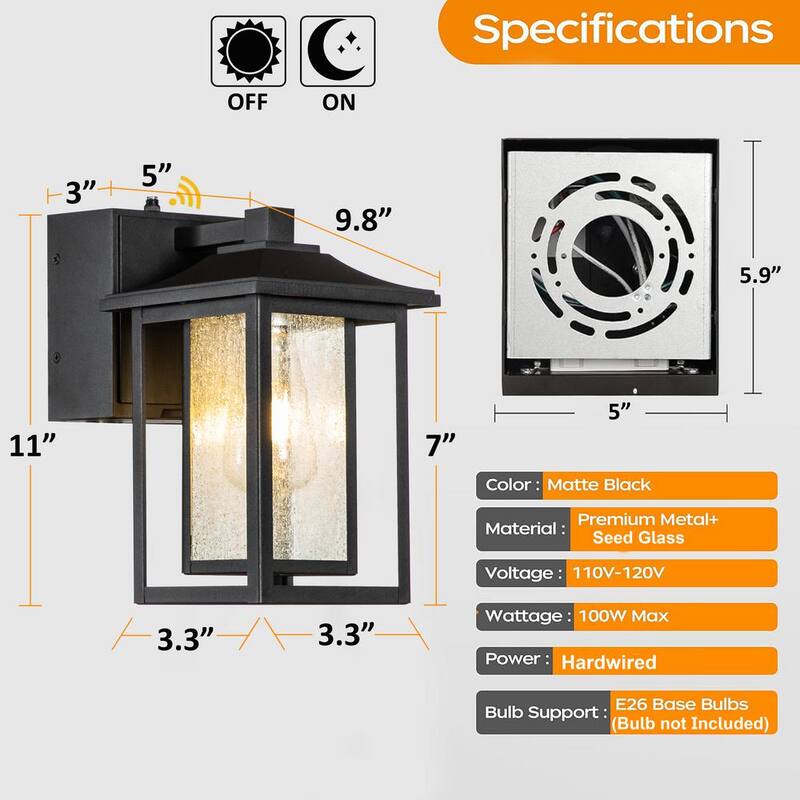 ALOA DECOR 1 Lámpara de Pared Exterior con Sensor de Anochecer a Amanecer en Negro Mate, Apliques de Vidrio Sembrado y Tomas de Corriente GFCI Incorporadas - H7087W06A