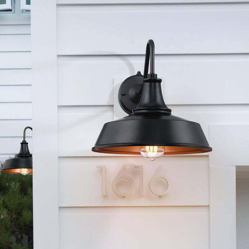 Verdadera luminaria Grantham de 1 luz de 12 pulgadas en negro para exteriores con sensor de atardecer a amanecer - Aplique de pared para granero TD130011OT