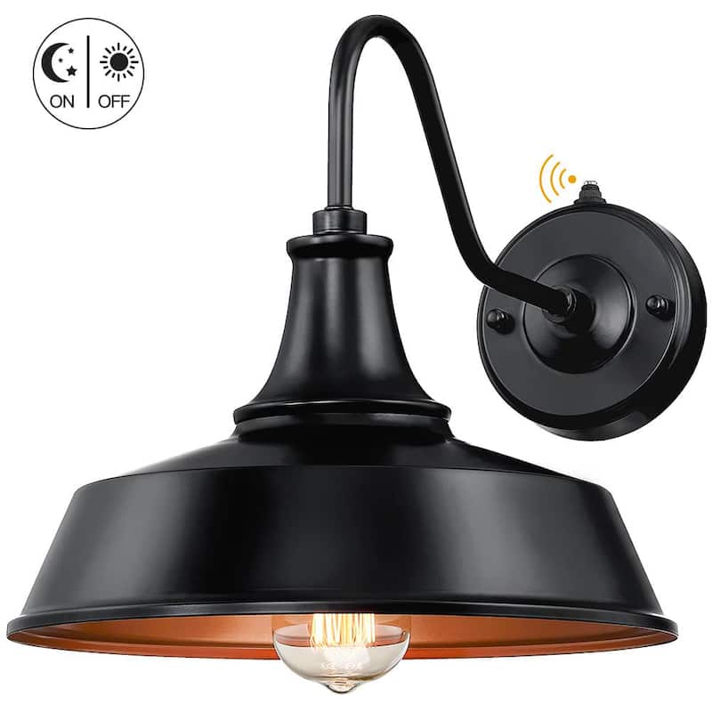 Verdadera luminaria Grantham de 1 luz de 12 pulgadas en negro para exteriores con sensor de atardecer a amanecer - Aplique de pared para granero TD130011OT
