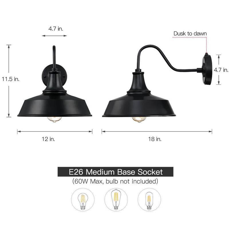 Verdadera luminaria Grantham de 1 luz de 12 pulgadas en negro para exteriores con sensor de atardecer a amanecer - Aplique de pared para granero TD130011OT