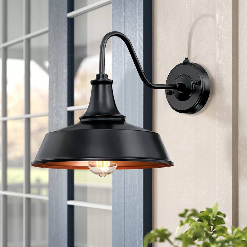 Verdadera luminaria Grantham de 1 luz de 12 pulgadas en negro para exteriores con sensor de atardecer a amanecer - Aplique de pared para granero TD130011OT