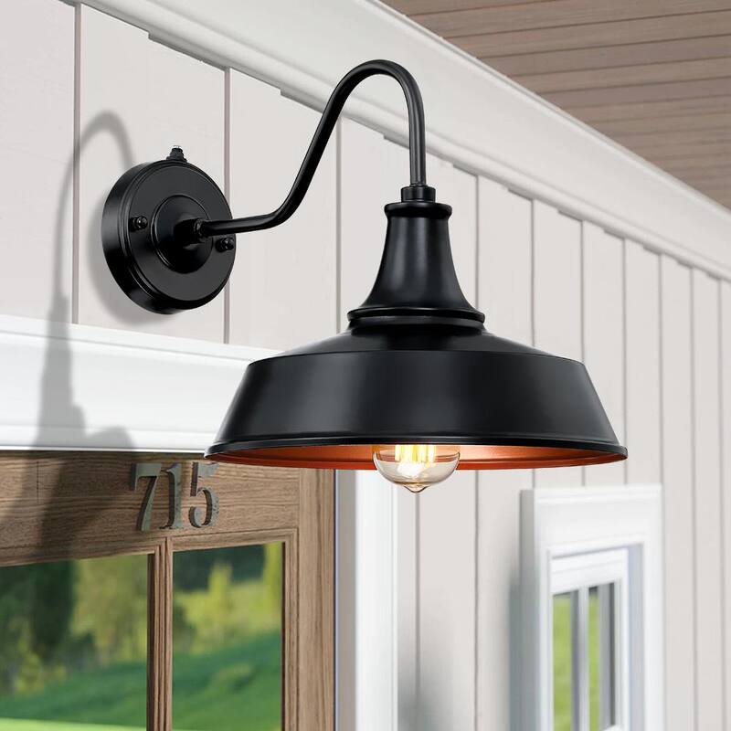 Verdadera luminaria Grantham de 1 luz de 12 pulgadas en negro para exteriores con sensor de atardecer a amanecer - Aplique de pared para granero TD130011OT
