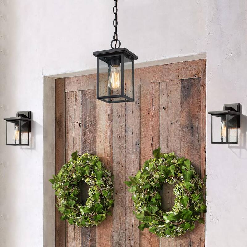 Lámpara LNC Modern 10.5 pulgadas de pared exterior en negro con pantalla de vidrio transparente con semillas para porche, patio y jardín - EYURAJHD1412097