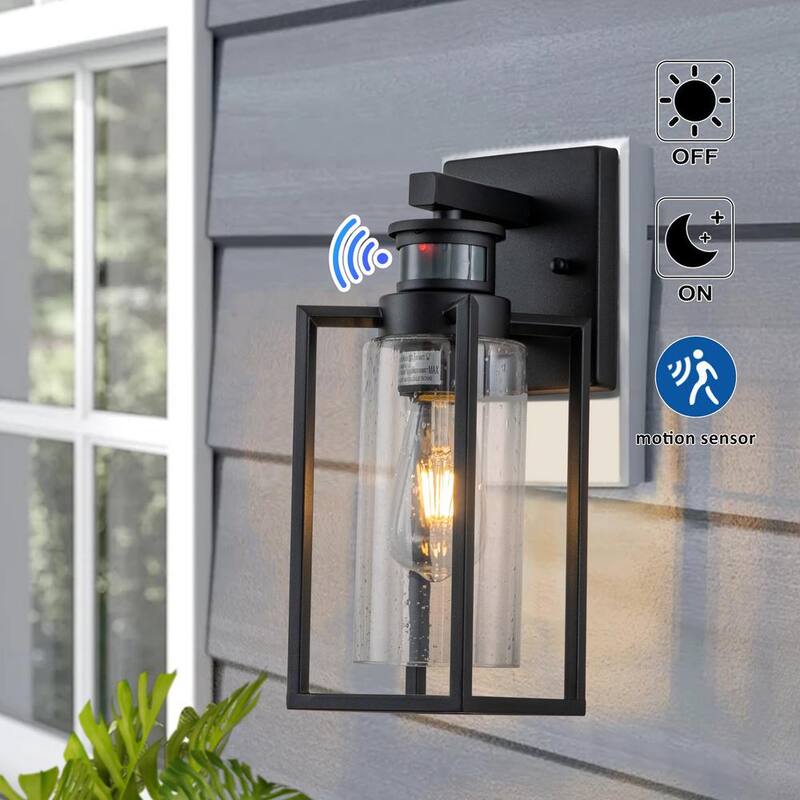 Lámpara de pared exterior Cattleya de 1 luz en negro mate con sensor de movimiento, crepúsculo a amanecer, no solar, con cristal transparente sembrado - CA2278-W
