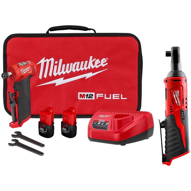 Milwaukee M12 FUEL 12V Lithium-Ion Brushless Inalámbrico 1/4 in. Kit de rectificadora de ángulo recto con M12 3/8 in. Trinquete - 2485-22-2457-20