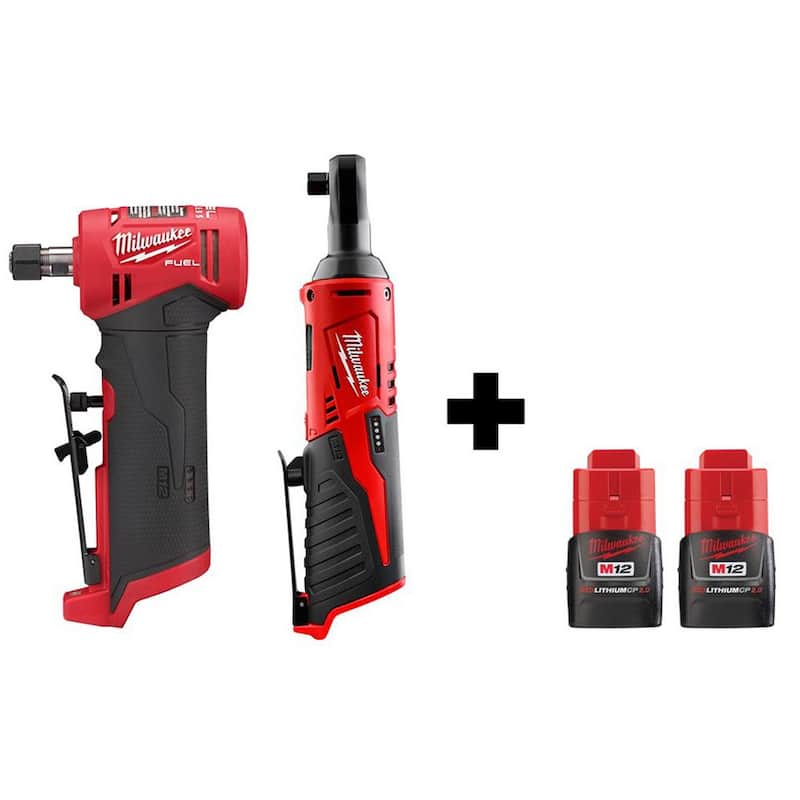 Milwaukee M12 FUEL 12V Lithium-Ion Sin Escobillas Inalámbrico 1/4 in. Rectificador de ángulo recto y Llave de trinquete de 3/8 in. con 2 baterías - 2485-20-2457-20-48-11-2420-48-11-2420