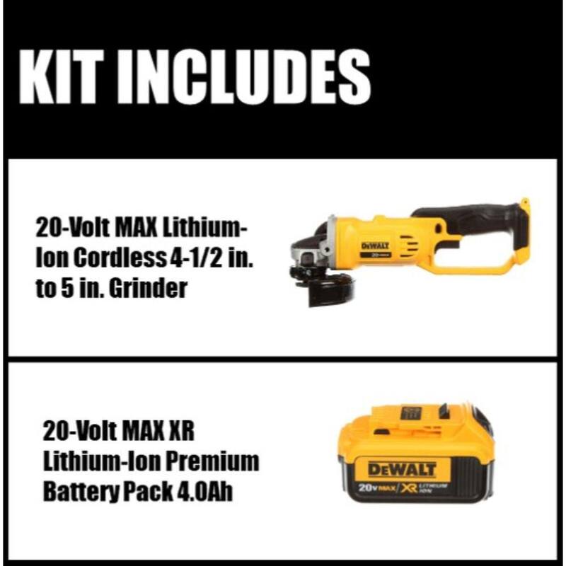 Amoladora inalámbrica DEWALT 20V MAX 4.5 pulgadas - 5 pulgadas y (1) Batería de iones de litio Premium 20V MAX 4.0Ah - DCG412BWDCB204