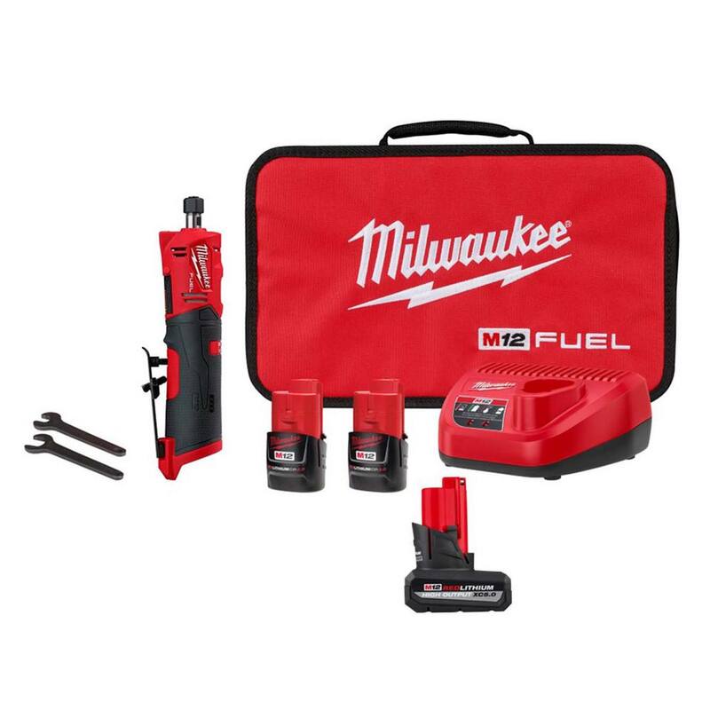 Rectificadora de troqueles recta inalámbrica sin escobillas Milwaukee M12 FUEL 12V de 1/4 pulgadas con baterías de 2.0Ah (2) y una batería de 5.0Ah (1) - 2486-22-48-11-2450.
