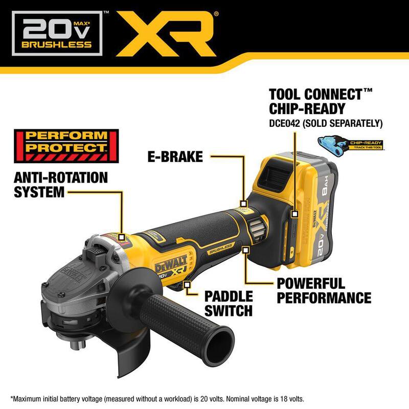 DEWALT 20V MAX Amoladora Angular Inalámbrica de Iones de Litio de 4-1/2 a 5 pulgadas con Batería de 8.0 Ah, Cargador y Bolsa de Herramientas - DCG410WW1