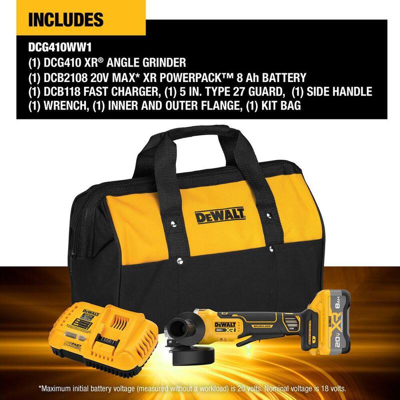 DEWALT 20V MAX Amoladora Angular Inalámbrica de Iones de Litio de 4-1/2 a 5 pulgadas con Batería de 8.0 Ah, Cargador y Bolsa de Herramientas - DCG410WW1