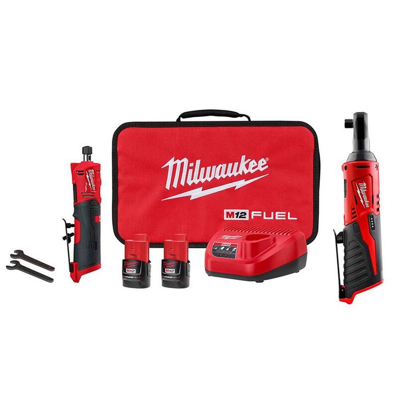 Milwaukee M12 FUEL 12V Lithium-Ion 1/4 pulg. Kit de rectificadora recta inalámbrica con M12 3/8 pulg. Trinquete - 2486-22-2457-20