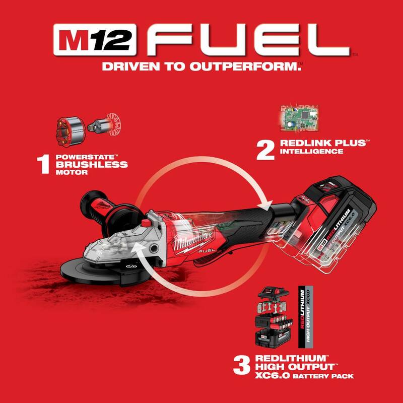 Amoladora Milwaukee M18 FUEL sin escobillas inalámbrica de 18 voltios 5 pulgadas con freno de cabezal plano y interruptor de paleta sin bloqueo (Juego de 2 piezas) - 2886-20-2886-20.