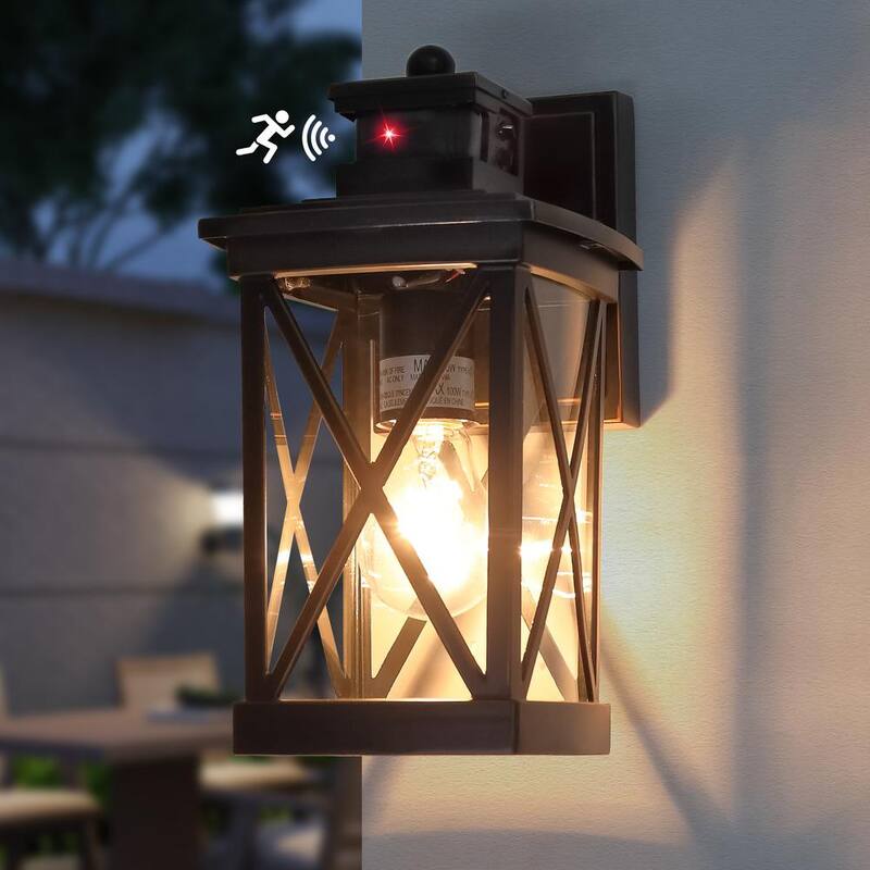 Luz de pared exterior Meluaim Black con sensor de movimiento PIR, actualizada a una luz de una sola luz, de atardecer a amanecer, cableada, estilo linterna (paquete de 2) - MLA-217x2-HD
