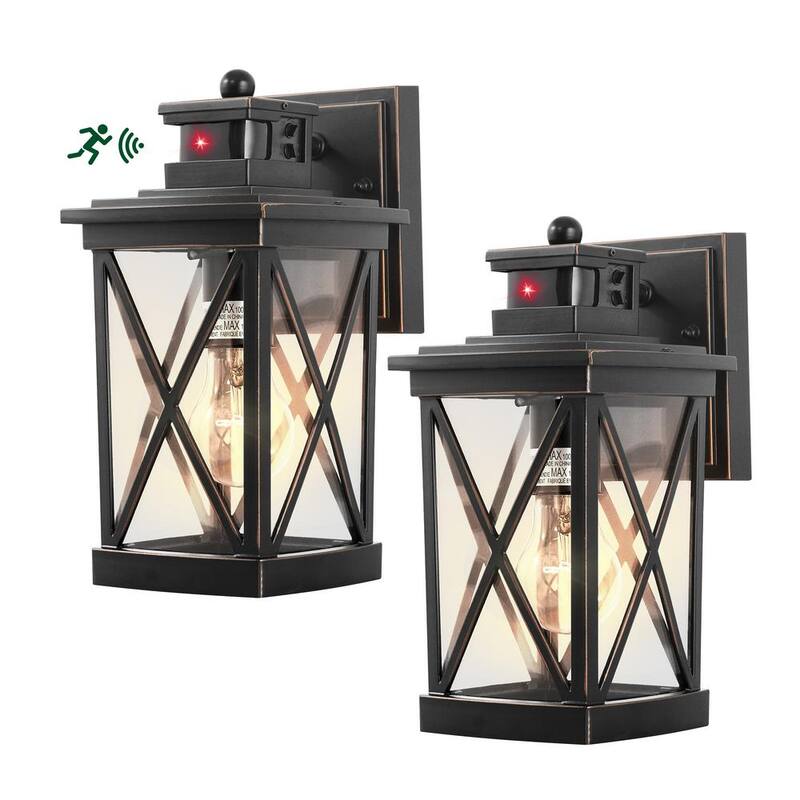 Luz de pared exterior Meluaim Black con sensor de movimiento PIR, actualizada a una luz de una sola luz, de atardecer a amanecer, cableada, estilo linterna (paquete de 2) - MLA-217x2-HD