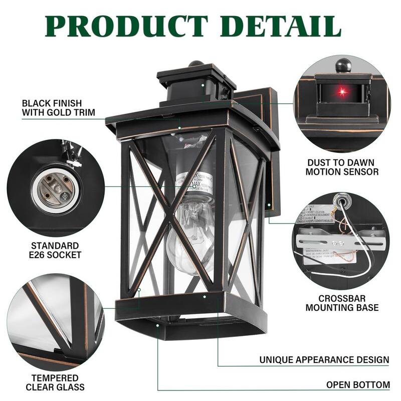 Luz de pared exterior Meluaim Black con sensor de movimiento PIR, actualizada a una luz de una sola luz, de atardecer a amanecer, cableada, estilo linterna (paquete de 2) - MLA-217x2-HD
