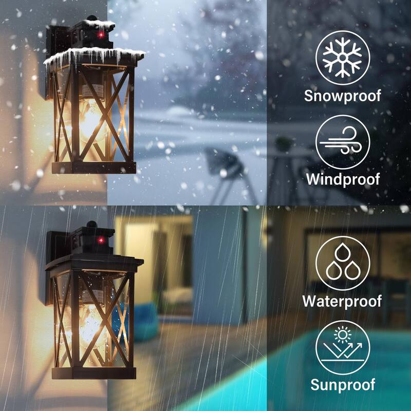 Luz de pared exterior Meluaim Black con sensor de movimiento PIR, actualizada a una luz de una sola luz, de atardecer a amanecer, cableada, estilo linterna (paquete de 2) - MLA-217x2-HD