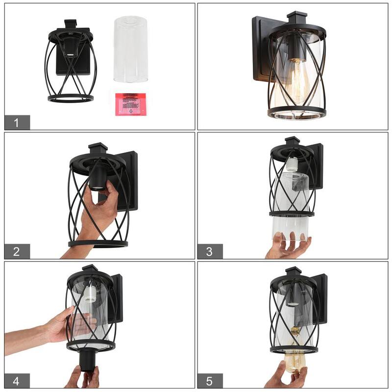 Luz de pared para porche al aire libre Uolfin Farmhouse 1 luz Linterna de pared para patio artesanal negro con pantalla de vidrio transparente (paquete de 2) - 62897ZJ22I3256D