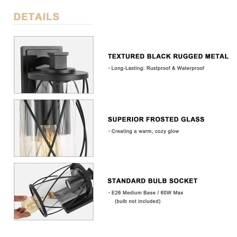 Luz de pared para porche al aire libre Uolfin Farmhouse 1 luz Linterna de pared para patio artesanal negro con pantalla de vidrio transparente (paquete de 2) - 62897ZJ22I3256D