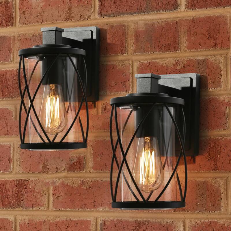 Luz de pared para porche al aire libre Uolfin Farmhouse 1 luz Linterna de pared para patio artesanal negro con pantalla de vidrio transparente (paquete de 2) - 62897ZJ22I3256D