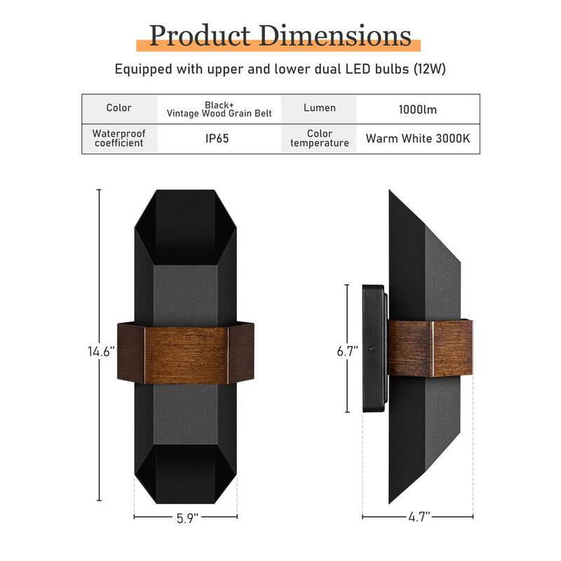Lámpara de Pared Exterior Integrada LED Negro Hexagonal Arriba y Abajo LamQee 14.6 in. (Paquete de 2) - 06FTL0269ABK