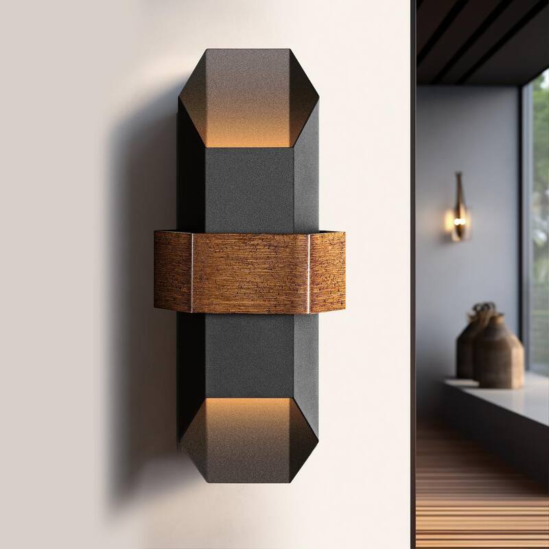 Lámpara de Pared Exterior Integrada LED Negro Hexagonal Arriba y Abajo LamQee 14.6 in. (Paquete de 2) - 06FTL0269ABK