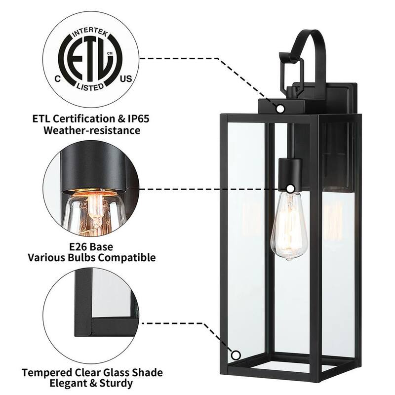 Lámpara de pared exterior con cableado duro de 22 pulgadas y 1 luz en negro mate sin marca, estilo moderno con cristal transparente (paquete de 4) - UTO-1215L-4PK