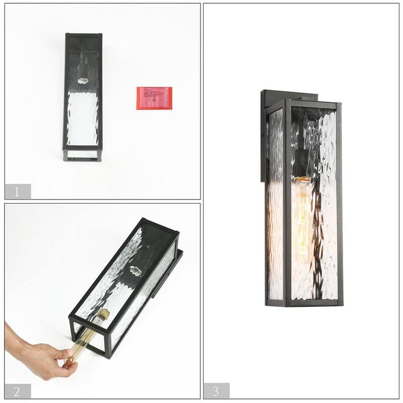 Linterna de pared exterior moderna negra LNC de 1 luz, rectangular de 16.5 pulgadas de alto, aplique de pared exterior para puerta principal con pantalla de vidrio texturizado - UFIFZMHD15047A8.