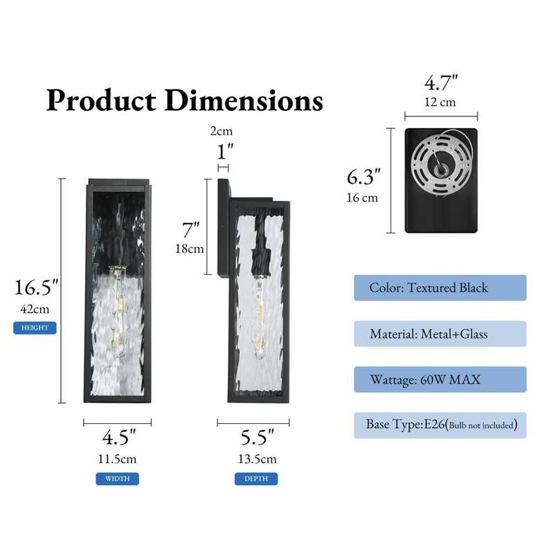 Linterna de pared exterior moderna negra LNC de 1 luz, rectangular de 16.5 pulgadas de alto, aplique de pared exterior para puerta principal con pantalla de vidrio texturizado - UFIFZMHD15047A8.