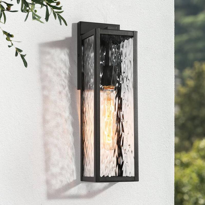 Linterna de pared exterior moderna negra LNC de 1 luz, rectangular de 16.5 pulgadas de alto, aplique de pared exterior para puerta principal con pantalla de vidrio texturizado - UFIFZMHD15047A8.