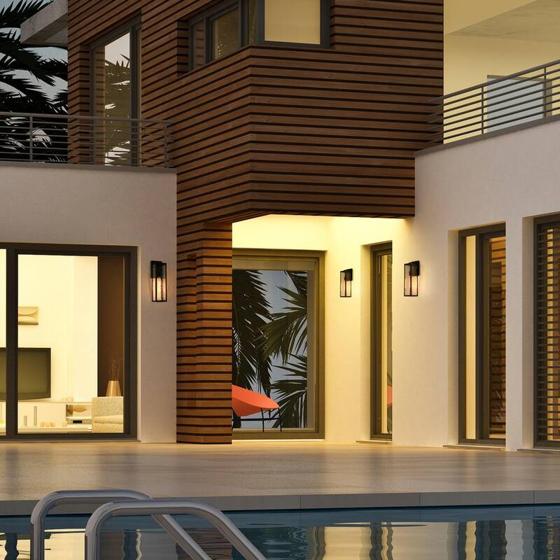 Linterna de pared exterior moderna negra LNC de 1 luz, rectangular de 16.5 pulgadas de alto, aplique de pared exterior para puerta principal con pantalla de vidrio texturizado - UFIFZMHD15047A8.