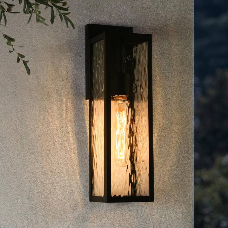 Linterna de pared exterior moderna negra LNC de 1 luz, rectangular de 16.5 pulgadas de alto, aplique de pared exterior para puerta principal con pantalla de vidrio texturizado - UFIFZMHD15047A8.