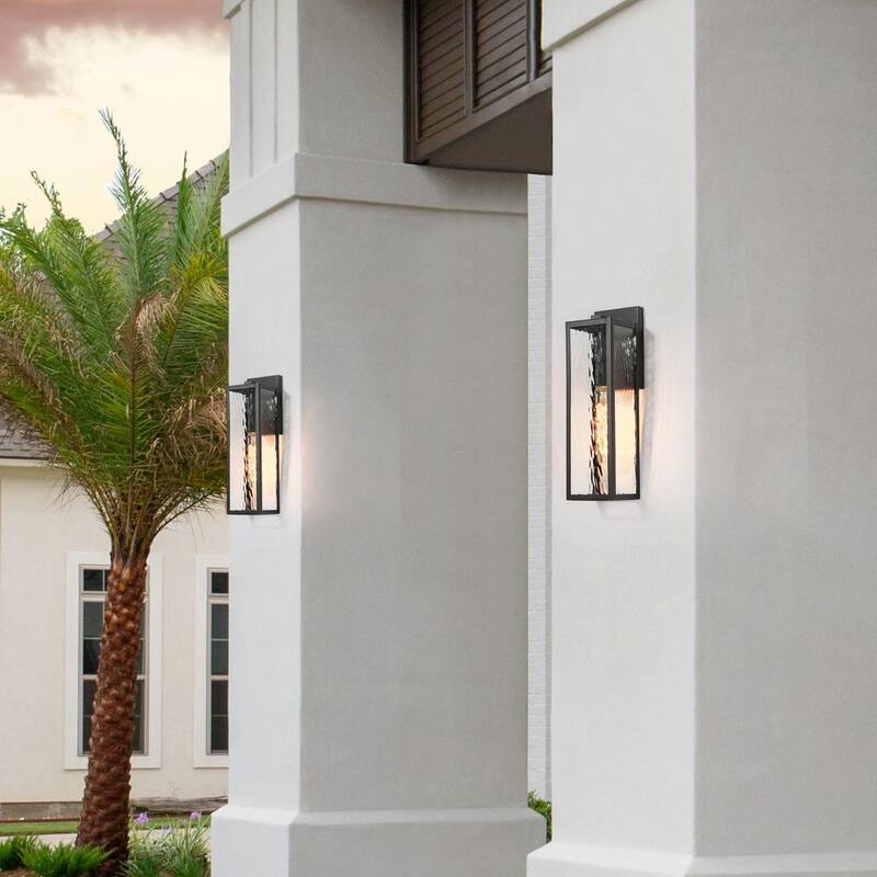 Linterna de pared exterior moderna negra LNC de 1 luz, rectangular de 16.5 pulgadas de alto, aplique de pared exterior para puerta principal con pantalla de vidrio texturizado - UFIFZMHD15047A8.