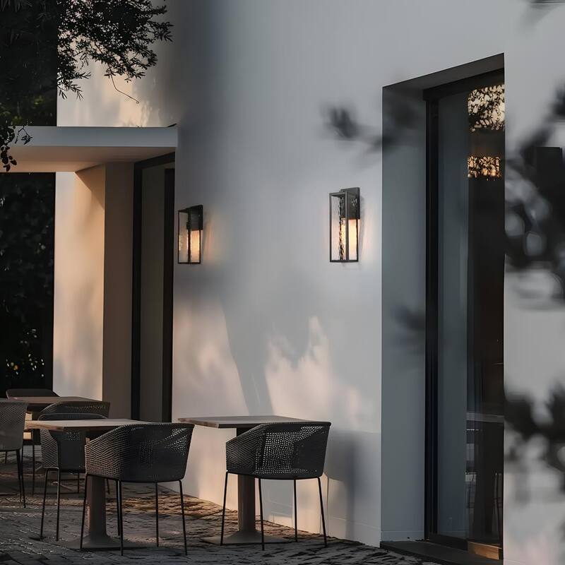 Linterna de pared exterior moderna negra LNC de 1 luz, rectangular de 16.5 pulgadas de alto, aplique de pared exterior para puerta principal con pantalla de vidrio texturizado - UFIFZMHD15047A8.