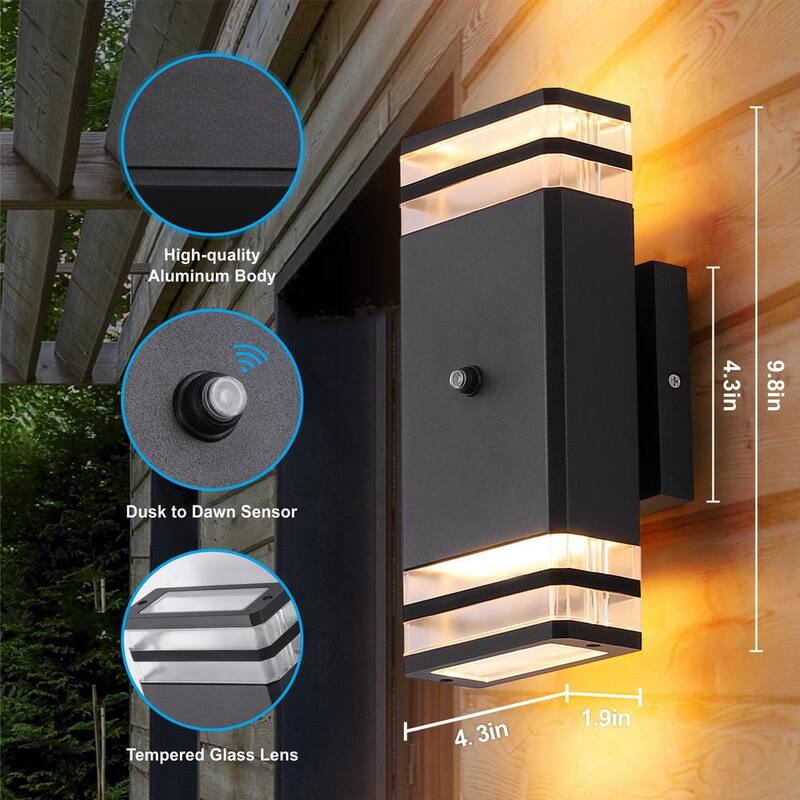 Lámpara de Pared de Exterior con Cableado Duro HKMGT de 2 Capas, de Amanecer a Anochecer en Negro con Fijeza de Luz Exterior con Bombillas Incluidas (Paquete de 2) - BD02BGYC01xy2P