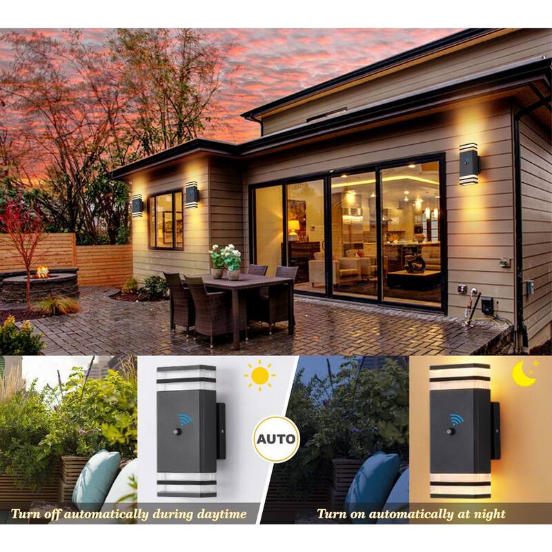 Lámpara de Pared de Exterior con Cableado Duro HKMGT de 2 Capas, de Amanecer a Anochecer en Negro con Fijeza de Luz Exterior con Bombillas Incluidas (Paquete de 2) - BD02BGYC01xy2P
