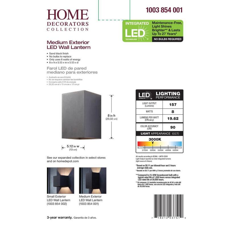 Colección de Decoradores para el Hogar Greeleyville 8 pulgadas 1 Luz Negro Arena Linterna de Pared para Exteriores con Luz LED Integrada con Cableado Duro - 23751