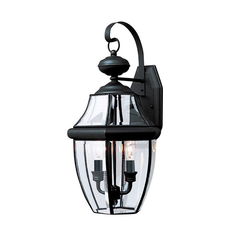 Iluminación de Generación Lancaster, 10 pulgadas de ancho, 2 luces, linterna de pared exterior tradicional negra con cristal biselado claro - 8039-12.