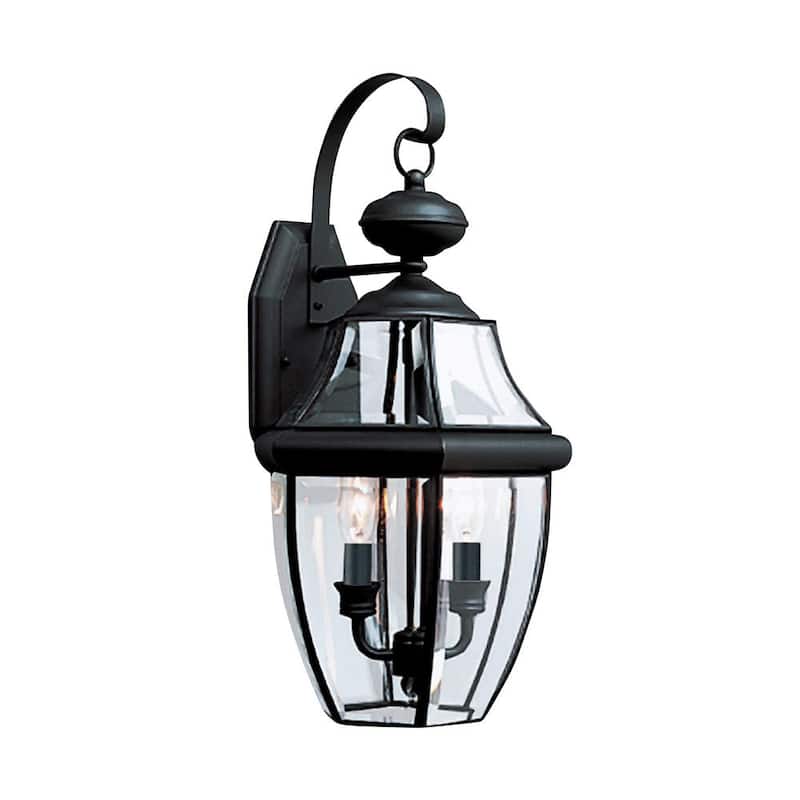 Iluminación de Generación Lancaster, 10 pulgadas de ancho, 2 luces, linterna de pared exterior tradicional negra con cristal biselado claro - 8039-12.